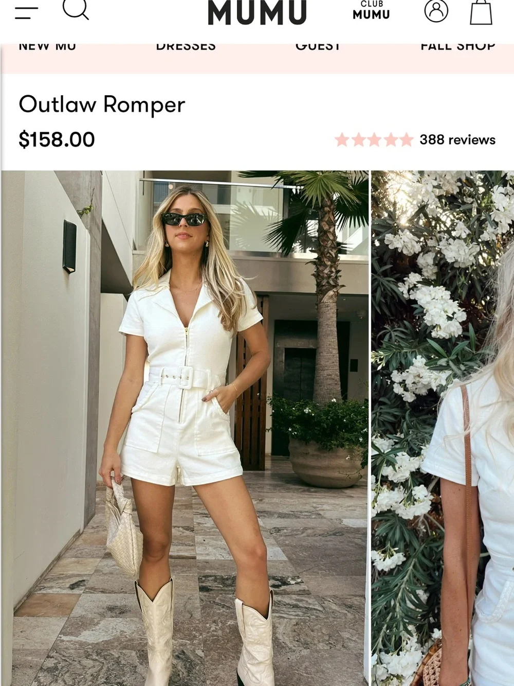 Mumu White Short-Sleeve Zip Romper with Belt